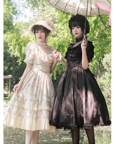 Classical Lolita Dress Polyester Short Sleeves Lolita Dresses Floral Print Classic Ecru White