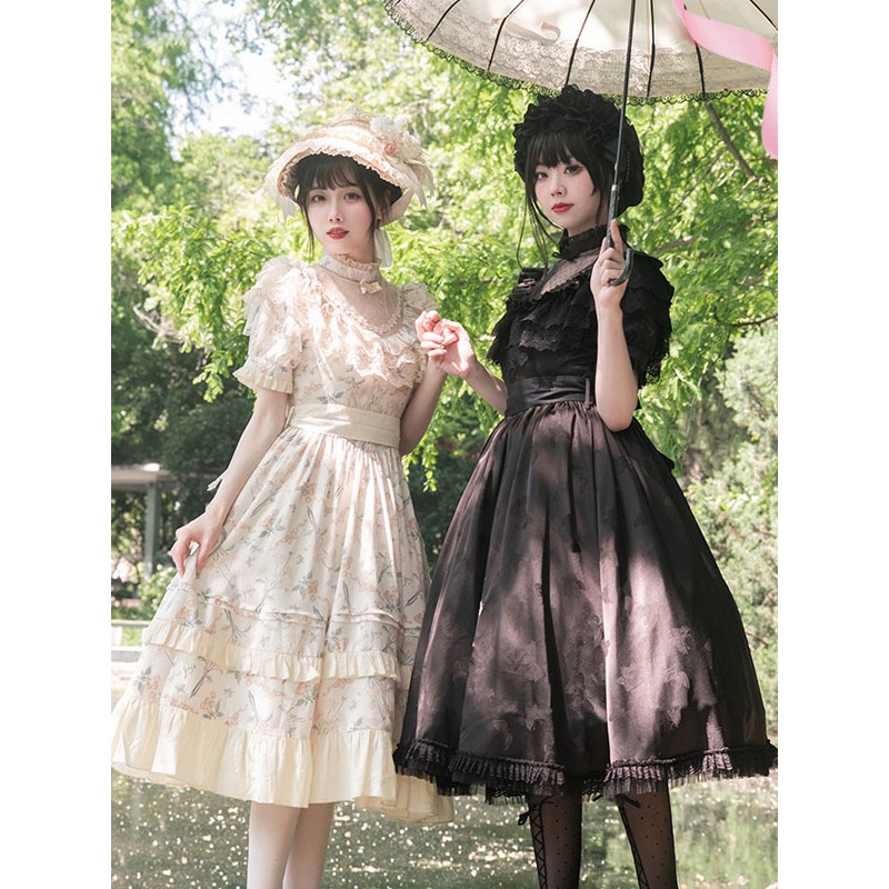 Classical Lolita Dress Polyester Short Sleeves Lolita Dresses Floral Print Classic Ecru White