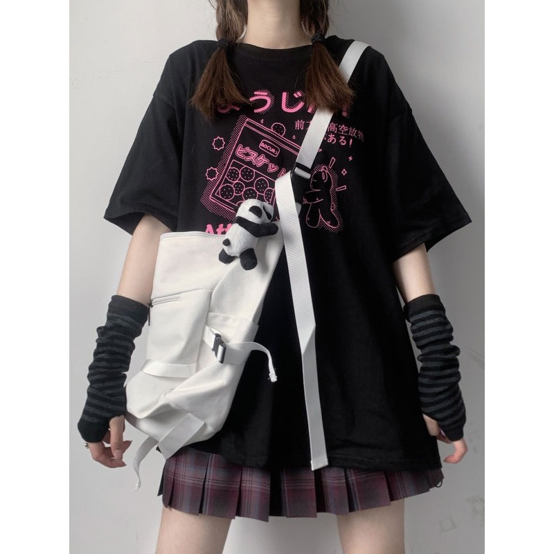 Lolita Blouse For Women Jewel Neck Short Sleeves Black Polyester T-Shirt