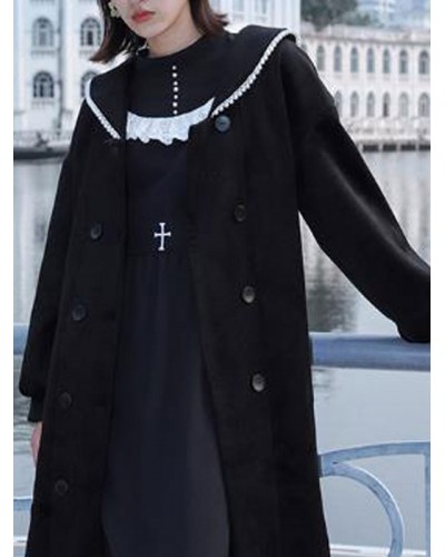 Sweet Lolita Coats Black Piping Overcoat Synthetic Lolita Outwears