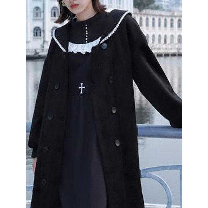 Sweet Lolita Coats Black Piping Overcoat Synthetic Lolita Outwears