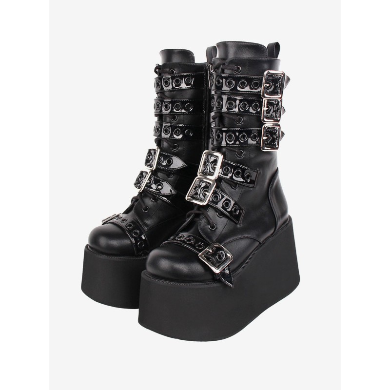 Gothic Lolita Boots PU Leather Two-Tone Grommets Round Toe Black Lolita Footwear Daily Casual