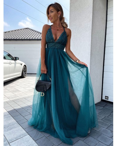 Women Long Party Dress V Neck Backless A-line Split Green Slip Prom Dress Maxi Summer