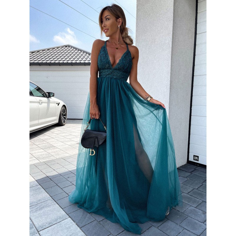 Women Long Party Dress V Neck Backless A-line Split Green Slip Prom Dress Maxi Summer