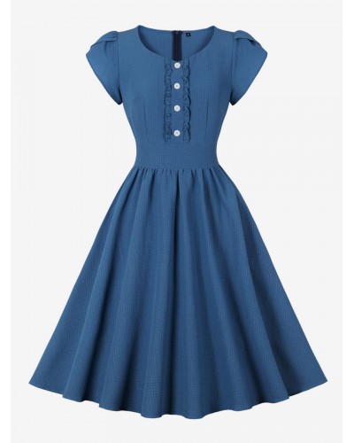 Women Retro Dress 1950s Audrey Hepburn Style V-Neck Buttons Short Sleeves Knee Length Blue Rockabilly Dress Bodycon Daily Casual