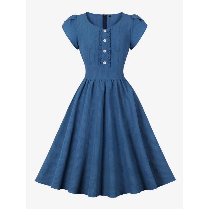 Women Retro Dress 1950s Audrey Hepburn Style V-Neck Buttons Short Sleeves Knee Length Blue Rockabilly Dress Bodycon Daily Casual