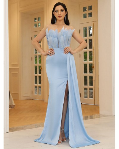 Women Party Dresses Light Sky Blue Strapless Split Front Sleeveless Open Shoulder Semi Formal Dress Maxi Summer