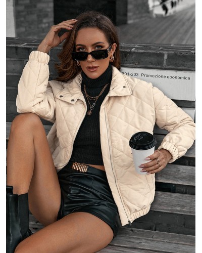 Women Jackets Turndown Collar Zipper Diamond Quilting Fall Winter Short Coat Casual