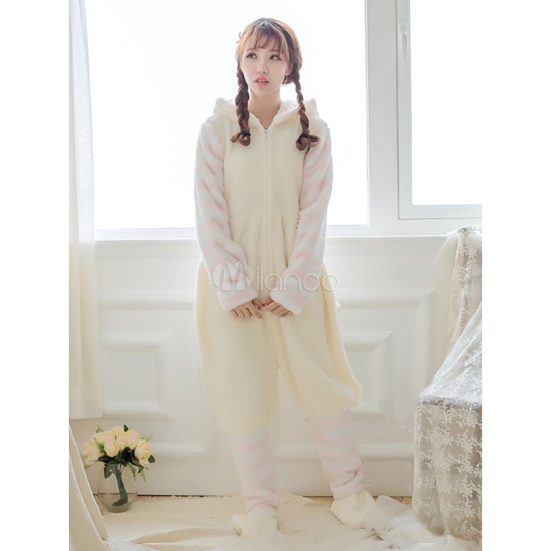 Kigurumi Pajamas Cat Onesie White Flannel Jumpsuit Animal Sleepwear For Women New Year Mardi Gras Christmas Halloween