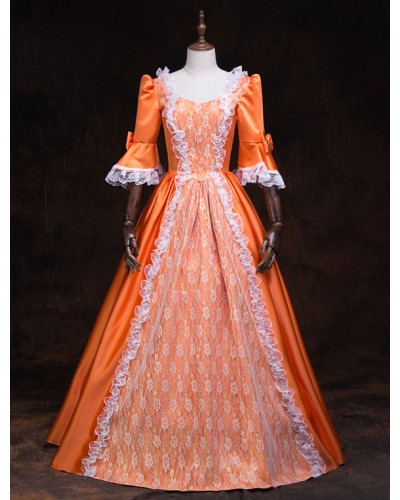 Victorian Dress Costume Women's Orange Baroque Masquerade Ball Gowns Ruffles Trumpet Half Sleeves Victorian Era Clothing Retro Costumes Royal Mardi Gras Halloween