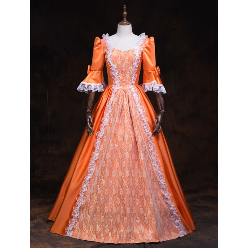 Victorian Dress Costume Women's Orange Baroque Masquerade Ball Gowns Ruffles Trumpet Half Sleeves Victorian Era Clothing Retro Costumes Royal Mardi Gras Halloween