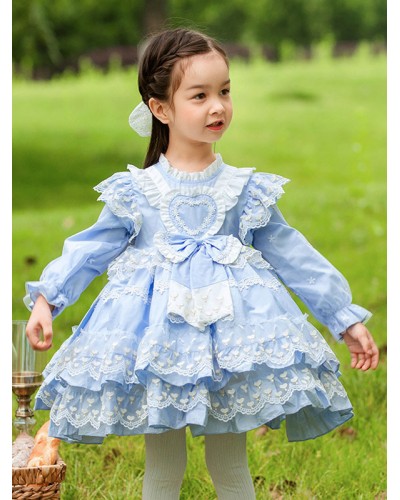 Polyester Tea Party Lace Long Sleeves Cotton Summer Dress Hearts Pattern Style Light Sky Blue Kids' Lolita Dresses Sweet ROCOCO