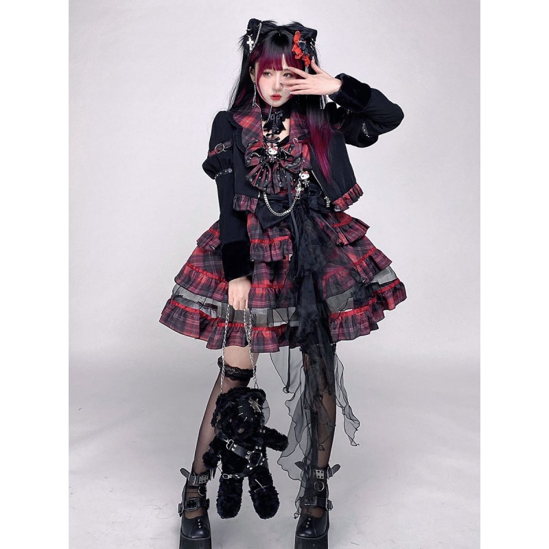 Gothic Lolita Dresses Bows Ruffles Plaid Red Red