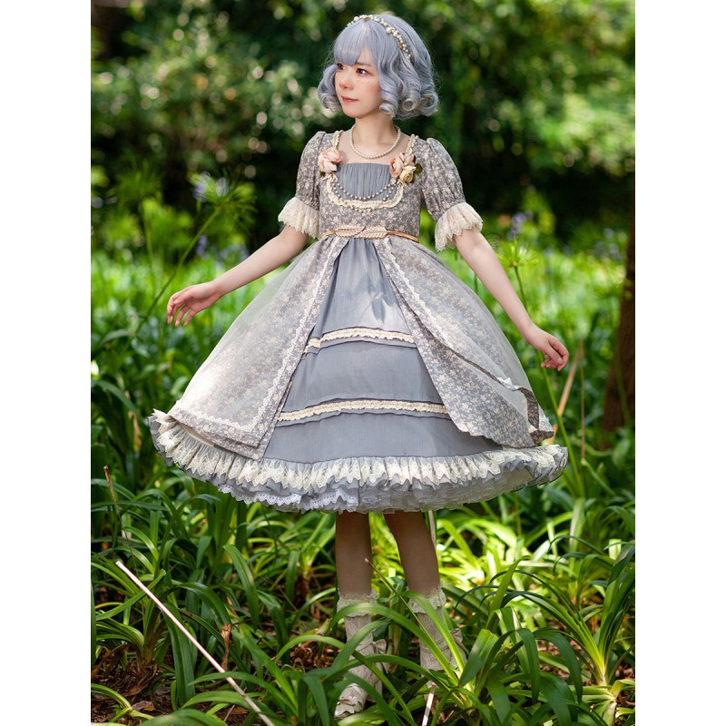 Gothic Lolita Dresses Lace Floral Print Blue Gray Blue Gray