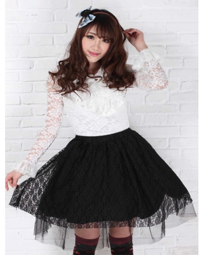 Black Lace Ruffles Lolita Skirt For Women Daily Casual