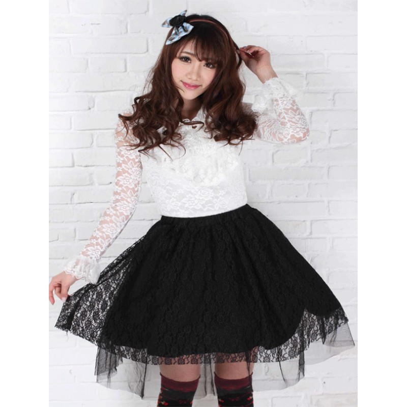 Black Lace Ruffles Lolita Skirt For Women Daily Casual