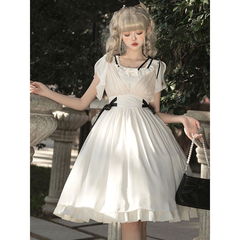 Classical Lolita Dress Polyester Short Sleeves Lolita Dresses Classic White