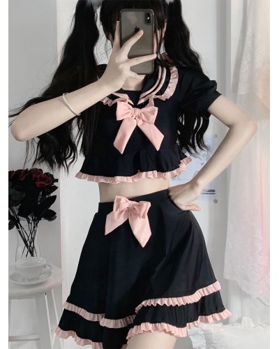 Navy Style Lolita Swimsuits Black Bows Ruffles Short Sleeves Pants Top Sets Gothic Navy Style Daily Casual