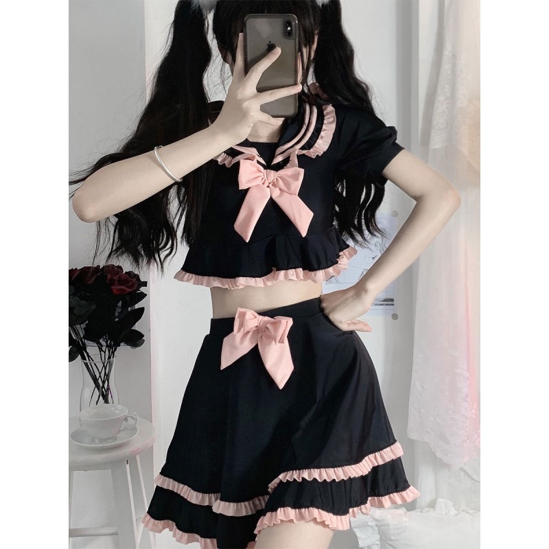 Navy Style Lolita Swimsuits Black Bows Ruffles Short Sleeves Pants Top Sets Gothic Navy Style Daily Casual