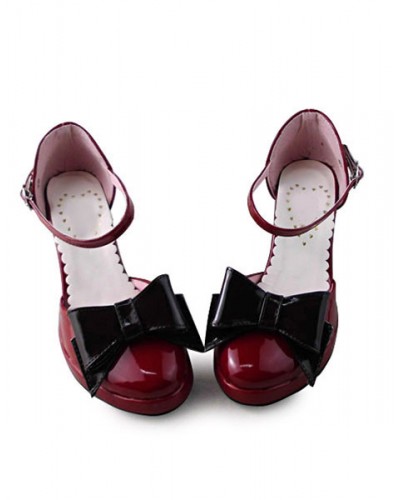 Dark Red Lolita Heels Shoes With Black Bow