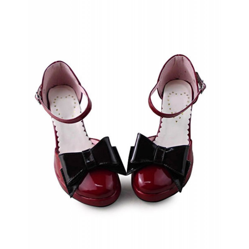 Dark Red Lolita Heels Shoes With Black Bow