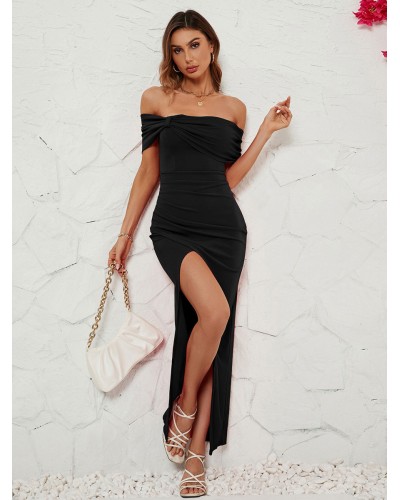 Dresses Black Bateau Neck Pleated Short Sleeves High-slit Semi Formal Dress Maxi Party Resort Wear