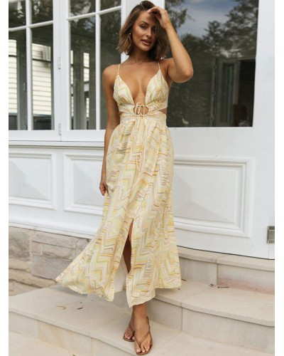 Summer Dresses Yellow V-Neck Lace Up Printed Dress Maxi Beach Resort Wear