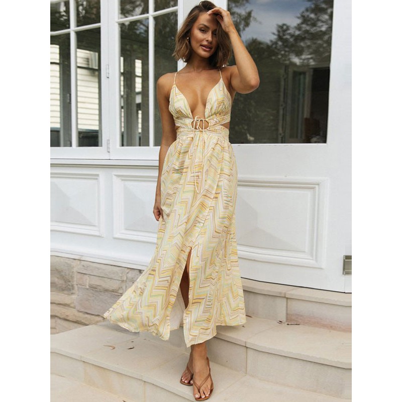 Summer Dresses Yellow V-Neck Lace Up Printed Dress Maxi Beach Resort Wear