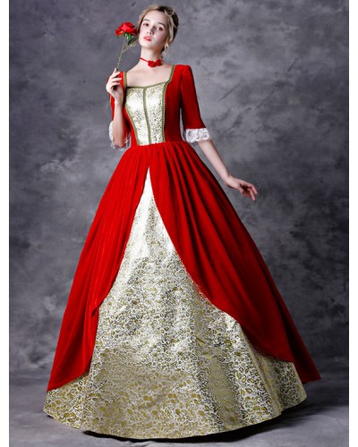 Victorian Dress Costume Women's Red Baroque Masquerade Ball Gowns Half Sleeves Square Neckline Victorian Era Clothing Retro Costumes Royal Mardi Gras Halloween