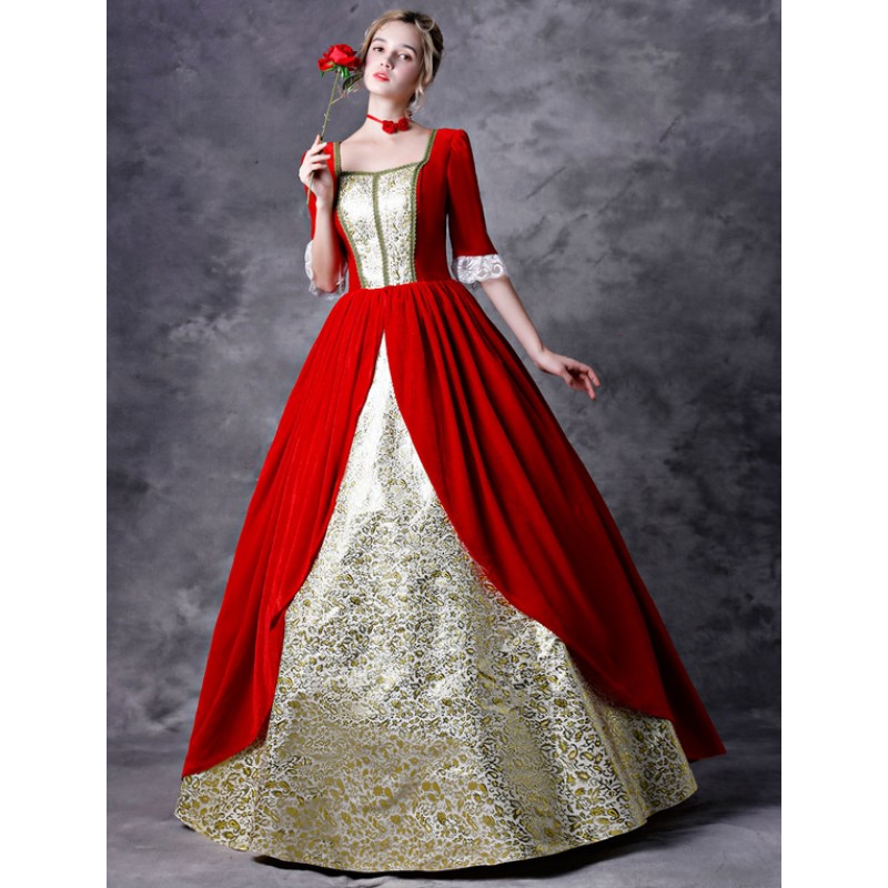 Victorian Dress Costume Women's Red Baroque Masquerade Ball Gowns Half Sleeves Square Neckline Victorian Era Clothing Retro Costumes Royal Mardi Gras Halloween