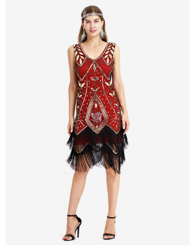 1920s Fashion Style Outfiits Flapper Dress Great Gatsby Sequined Fringe V Neck Two Tone Women's Retro 20s Party Dress Mardi Gras Halloween