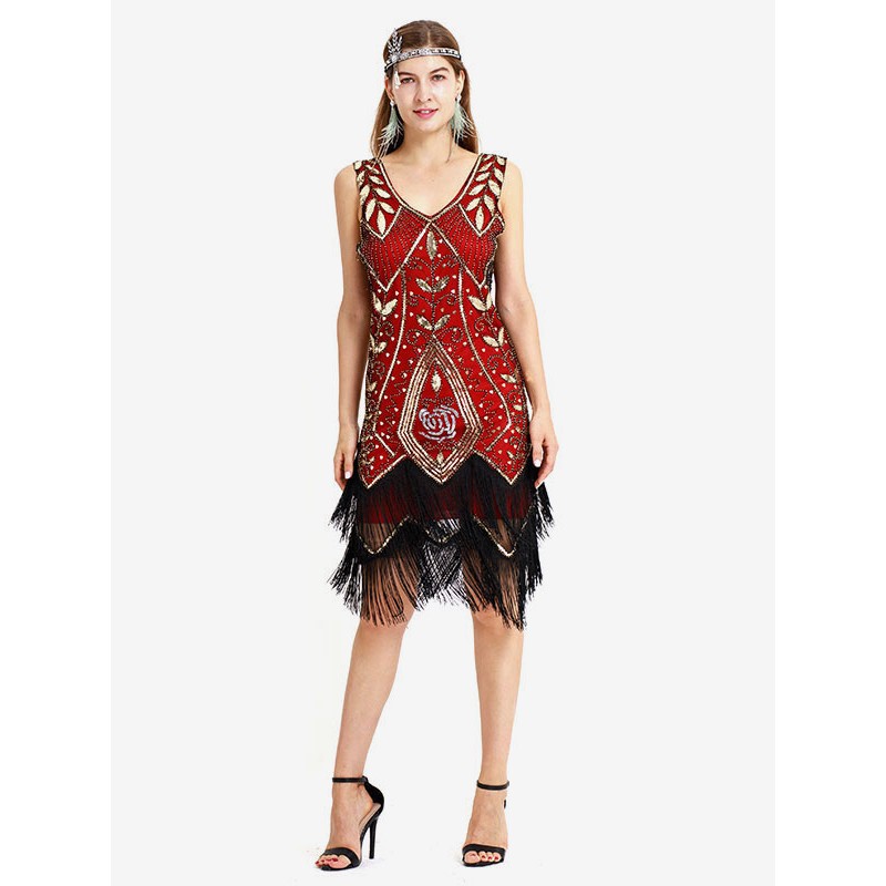 1920s Fashion Style Outfiits Flapper Dress Great Gatsby Sequined Fringe V Neck Two Tone Women's Retro 20s Party Dress Mardi Gras Halloween