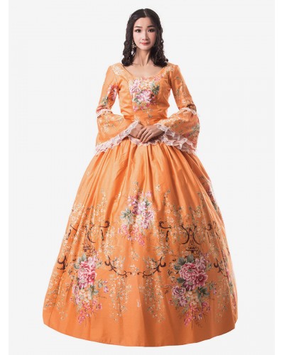 Women Victorian Dress Costume 's Orange Trumpet Long Sleeves Ruffle Floral Print Victorian Era Style Set Vintage Clothing Halloween Sets Victorian Era