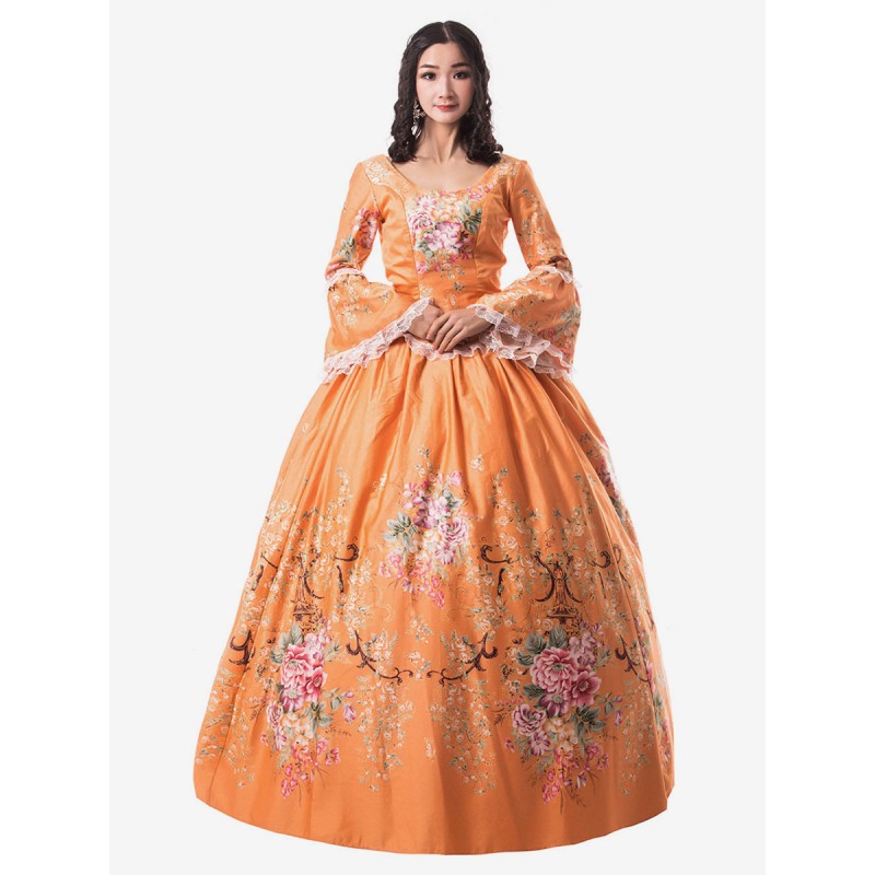 Women Victorian Dress Costume 's Orange Trumpet Long Sleeves Ruffle Floral Print Victorian Era Style Set Vintage Clothing Halloween Sets Victorian Era