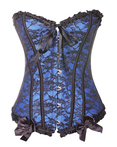 Blue Corsets Set Lace Trim Strapless Sleeveless Lace Up Jacquard Bows Sexy Waist Trainer With T Back For Women Rave Club Indoor Bachelorette Party