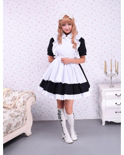 Cotton Black Maid Lolita OP Dress White Apron Short Sleeves