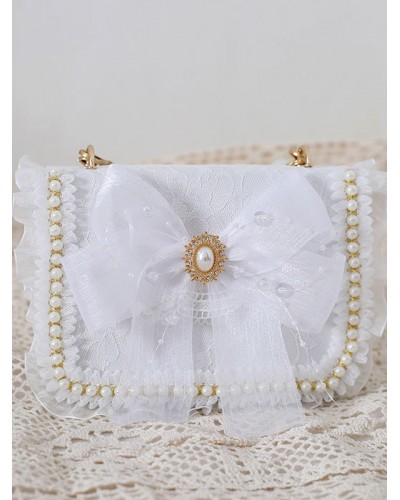 Sweet Lolita Handbag Bow White Pearls Bows Lace Cross-body Bag PU Leather Lolita Accessories Cross-body Bag Daily Casual