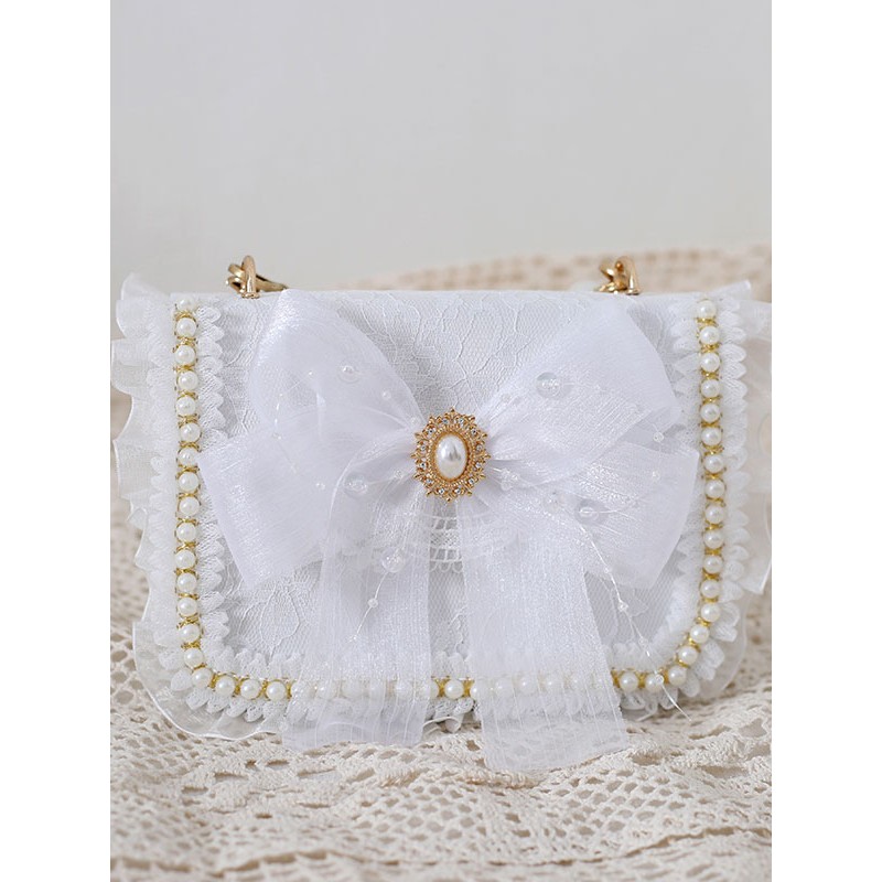 Sweet Lolita Handbag Bow White Pearls Bows Lace Cross-body Bag PU Leather Lolita Accessories Cross-body Bag Daily Casual