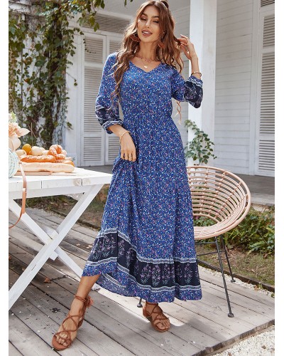 Women Maxi Dress V-Neck Long Sleeves Printed Long Dress Bohemian Spring Summer