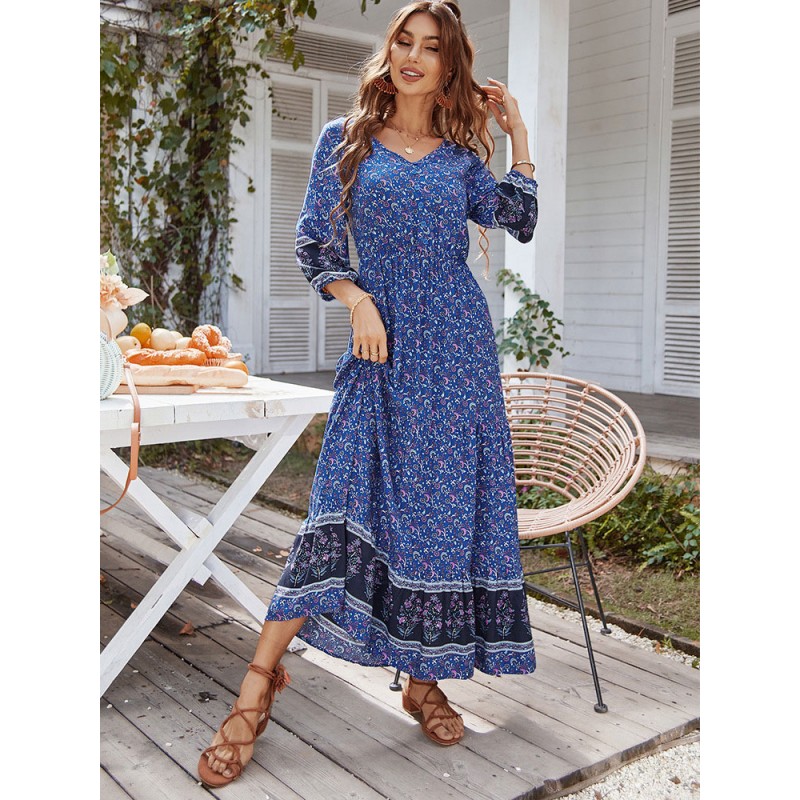 Women Maxi Dress V-Neck Long Sleeves Printed Long Dress Bohemian Spring Summer