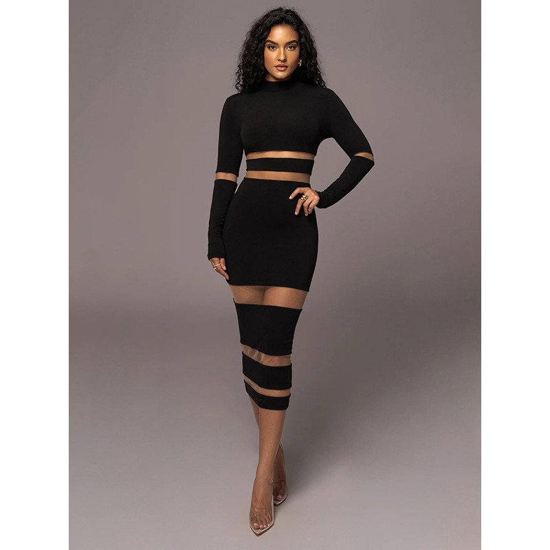 Women Dresses Black Jewel Neck Stretch Chic Long Sleeves Pencil Dress Bodycon Fall Winter