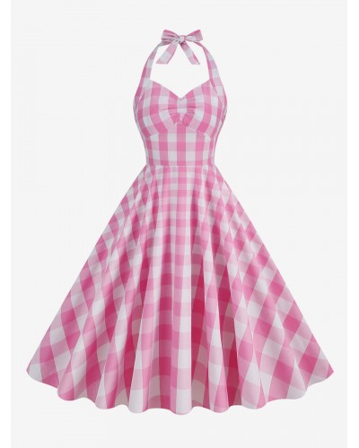 Women Barbie Pink Gingham 1950s Plaid Pleated Halter Dress Vintage Street Wear Daily Casual Resort Wear