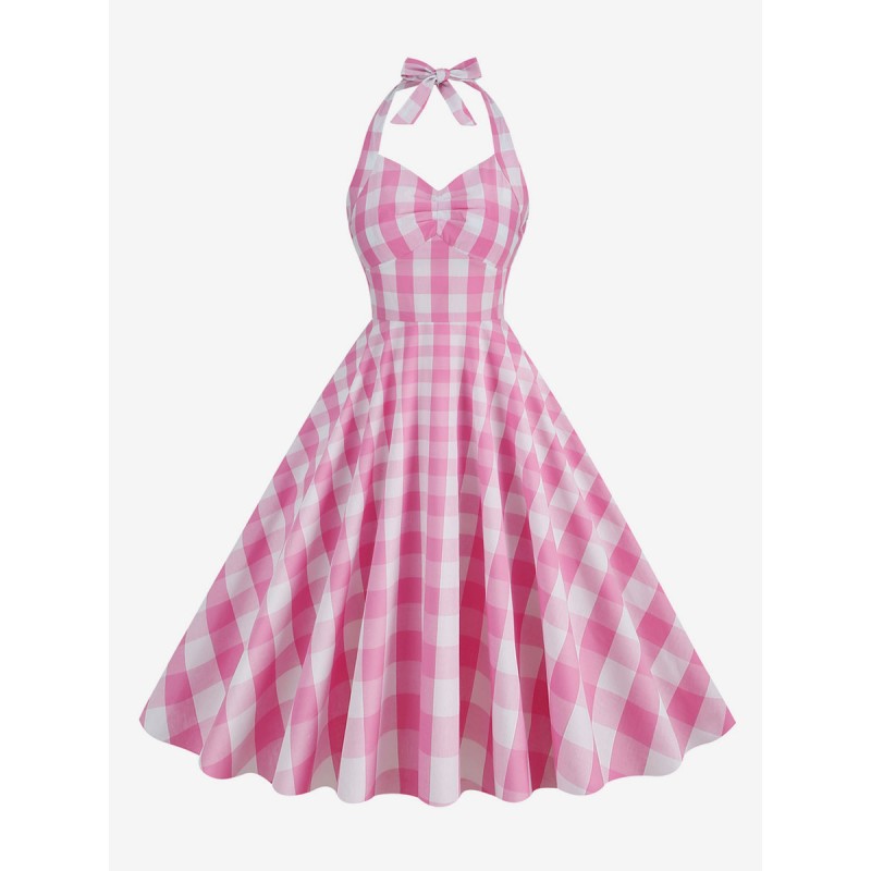 Women Barbie Pink Gingham 1950s Plaid Pleated Halter Dress Vintage Street Wear Daily Casual Resort Wear