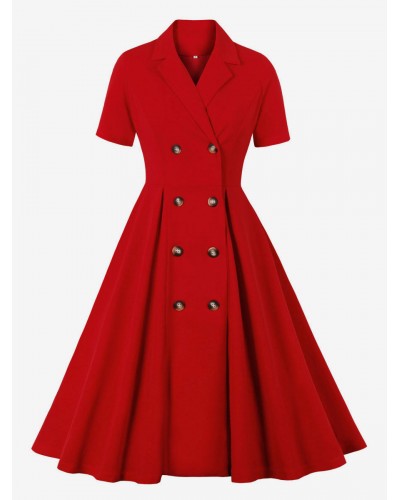 Women 1950s Audrey Hepburn Style Retro Dress V-Neck Buttons Layered Short Sleeves Long Rockabilly Dress Vintage Daily Casual