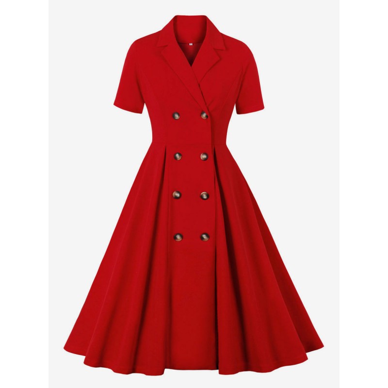 Women 1950s Audrey Hepburn Style Retro Dress V-Neck Buttons Layered Short Sleeves Long Rockabilly Dress Vintage Daily Casual