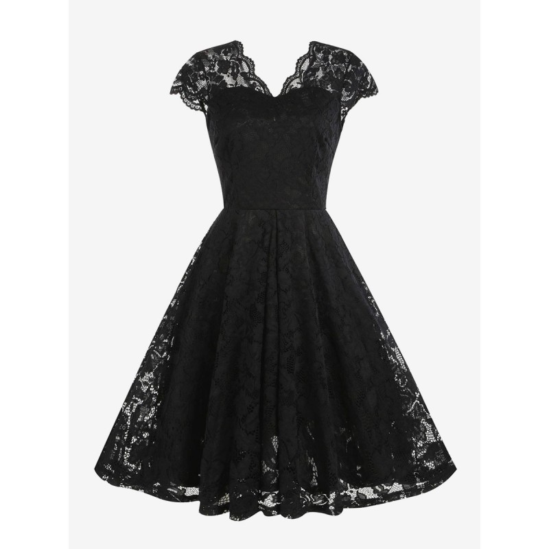 Dress 1950s Audrey Hepburn Style V-Neck Lace Sleeveless Medium Swing Dress Vintage Retro Summer