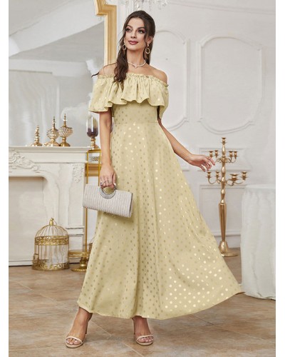 Women Party Dresses Light Gold Bateau Neck Ruffles Short Sleeves Polka Dot Backless Semi Formal Dress Sexy Spring Summer Fall