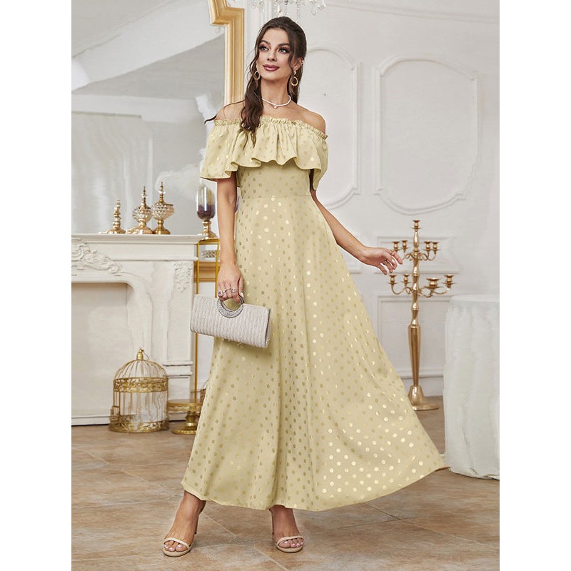 Women Party Dresses Light Gold Bateau Neck Ruffles Short Sleeves Polka Dot Backless Semi Formal Dress Sexy Spring Summer Fall