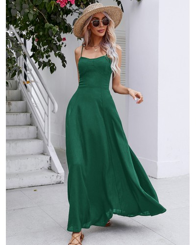 Women Dress Straps Neck Lace Up Layered Dark Green Long Beach Dress Maxi Spring Summer