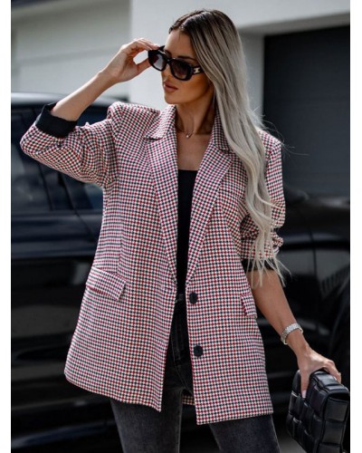 Women's Blazer Chic Plaid Turndown Collar Pockets Long Sleeves Coat Tailored Jacket Fall Winter